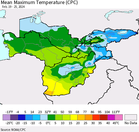 Central Asia Mean Maximum Temperature (CPC) Thematic Map For 2/19/2024 - 2/25/2024