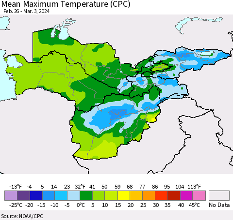 Central Asia Mean Maximum Temperature (CPC) Thematic Map For 2/26/2024 - 3/3/2024