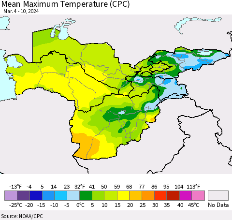 Central Asia Mean Maximum Temperature (CPC) Thematic Map For 3/4/2024 - 3/10/2024