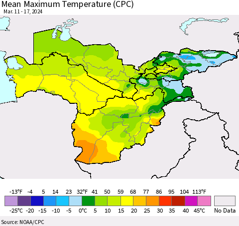 Central Asia Mean Maximum Temperature (CPC) Thematic Map For 3/11/2024 - 3/17/2024