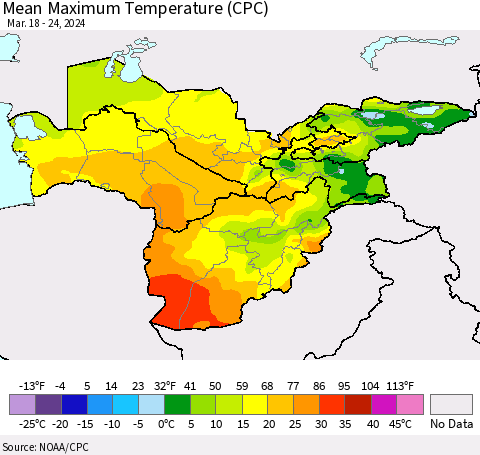 Central Asia Mean Maximum Temperature (CPC) Thematic Map For 3/18/2024 - 3/24/2024