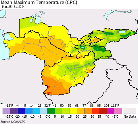 Central Asia Mean Maximum Temperature (CPC) Thematic Map For 3/25/2024 - 3/31/2024