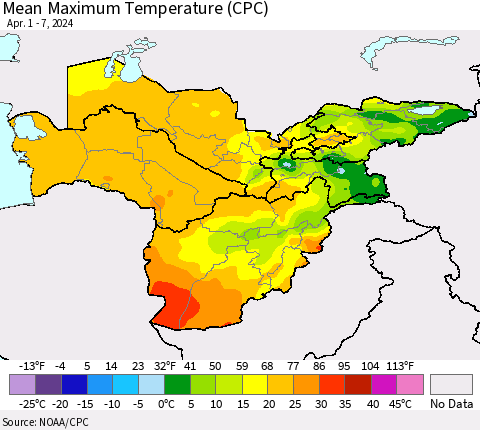 Central Asia Mean Maximum Temperature (CPC) Thematic Map For 4/1/2024 - 4/7/2024