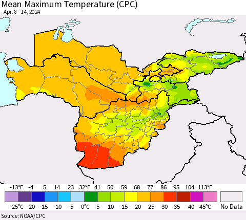 Central Asia Mean Maximum Temperature (CPC) Thematic Map For 4/8/2024 - 4/14/2024