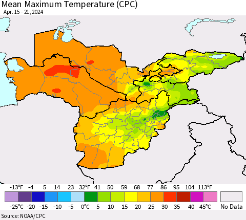 Central Asia Mean Maximum Temperature (CPC) Thematic Map For 4/15/2024 - 4/21/2024