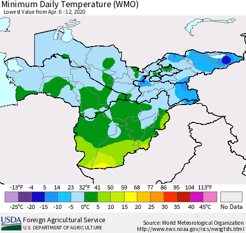 Central Asia Minimum Daily Temperature (WMO) Thematic Map For 4/6/2020 - 4/12/2020