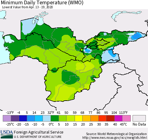 Central Asia Minimum Daily Temperature (WMO) Thematic Map For 4/13/2020 - 4/19/2020