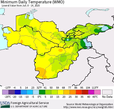 Central Asia Minimum Daily Temperature (WMO) Thematic Map For 6/8/2020 - 6/14/2020