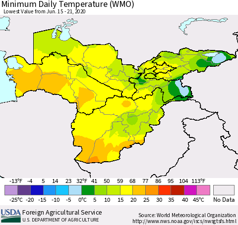 Central Asia Minimum Daily Temperature (WMO) Thematic Map For 6/15/2020 - 6/21/2020