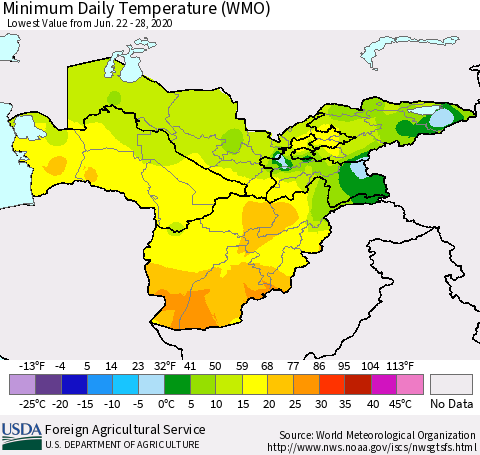 Central Asia Minimum Daily Temperature (WMO) Thematic Map For 6/22/2020 - 6/28/2020