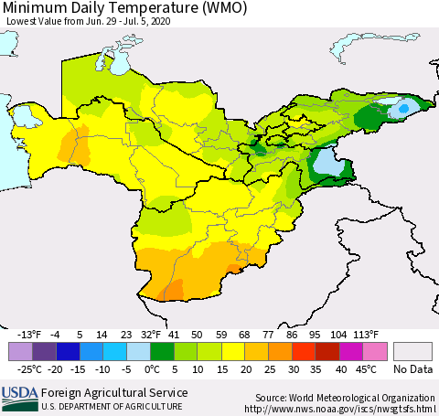Central Asia Minimum Daily Temperature (WMO) Thematic Map For 6/29/2020 - 7/5/2020