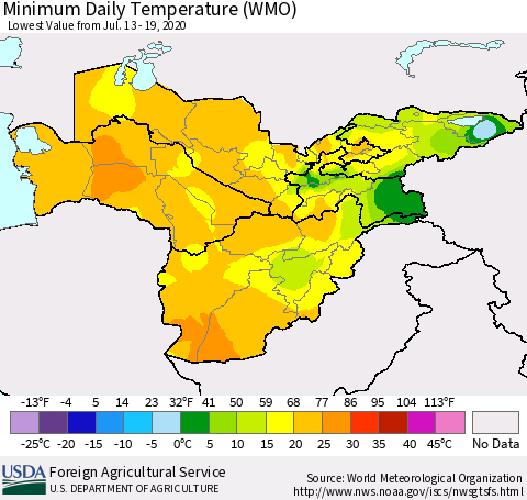 Central Asia Minimum Daily Temperature (WMO) Thematic Map For 7/13/2020 - 7/19/2020