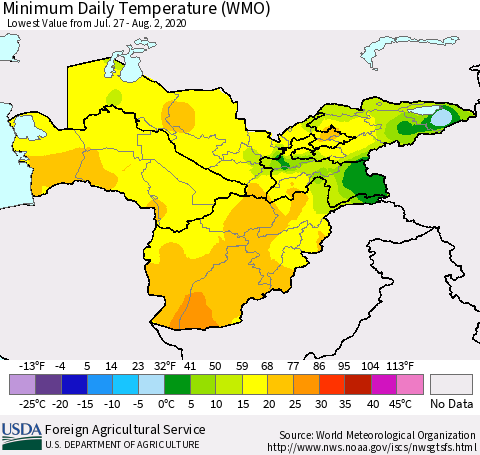 Central Asia Minimum Daily Temperature (WMO) Thematic Map For 7/27/2020 - 8/2/2020
