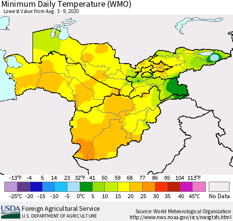Central Asia Minimum Daily Temperature (WMO) Thematic Map For 8/3/2020 - 8/9/2020