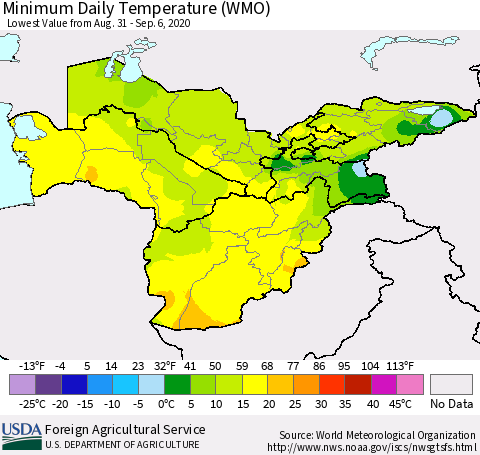 Central Asia Minimum Daily Temperature (WMO) Thematic Map For 8/31/2020 - 9/6/2020