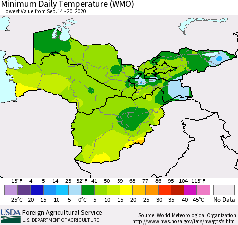Central Asia Minimum Daily Temperature (WMO) Thematic Map For 9/14/2020 - 9/20/2020
