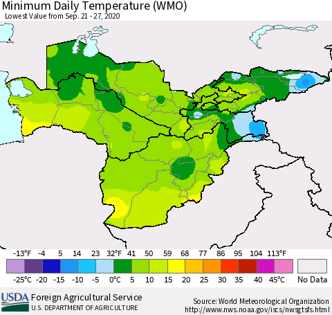 Central Asia Minimum Daily Temperature (WMO) Thematic Map For 9/21/2020 - 9/27/2020