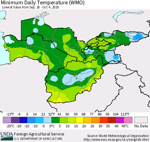 Central Asia Minimum Daily Temperature (WMO) Thematic Map For 9/28/2020 - 10/4/2020