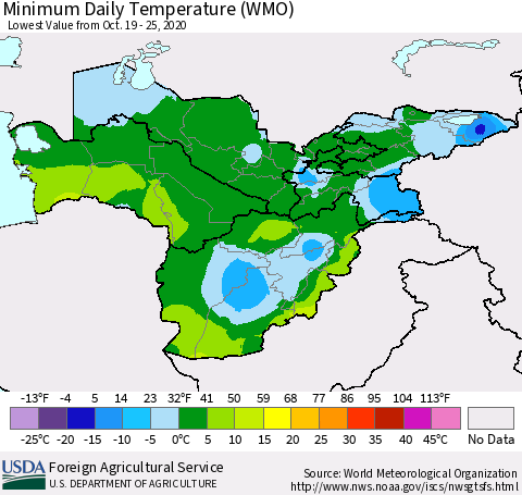 Central Asia Minimum Daily Temperature (WMO) Thematic Map For 10/19/2020 - 10/25/2020