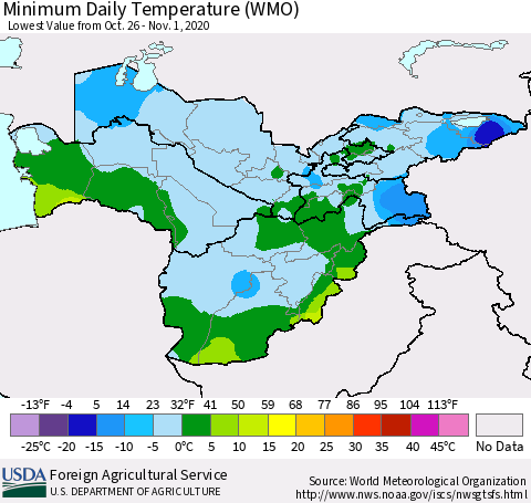 Central Asia Minimum Daily Temperature (WMO) Thematic Map For 10/26/2020 - 11/1/2020