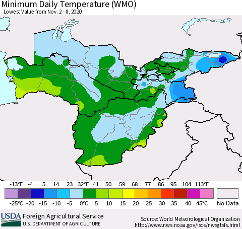 Central Asia Minimum Daily Temperature (WMO) Thematic Map For 11/2/2020 - 11/8/2020