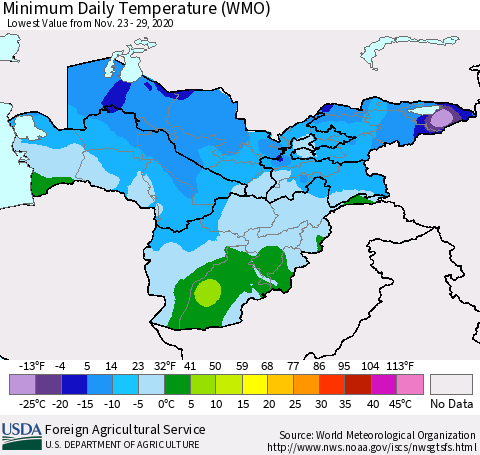 Central Asia Minimum Daily Temperature (WMO) Thematic Map For 11/23/2020 - 11/29/2020