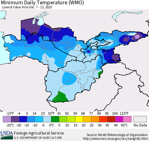 Central Asia Minimum Daily Temperature (WMO) Thematic Map For 12/7/2020 - 12/13/2020