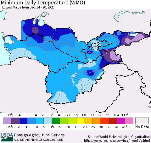 Central Asia Minimum Daily Temperature (WMO) Thematic Map For 12/14/2020 - 12/20/2020