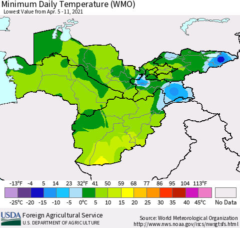 Central Asia Minimum Daily Temperature (WMO) Thematic Map For 4/5/2021 - 4/11/2021