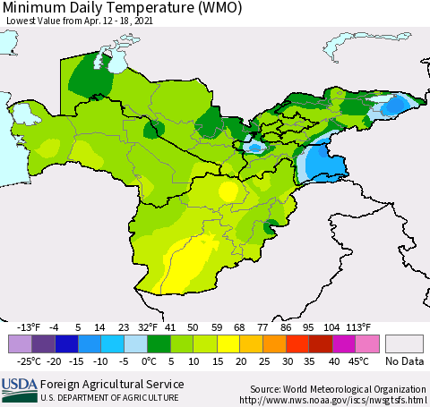 Central Asia Minimum Daily Temperature (WMO) Thematic Map For 4/12/2021 - 4/18/2021