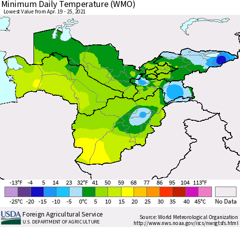 Central Asia Minimum Daily Temperature (WMO) Thematic Map For 4/19/2021 - 4/25/2021