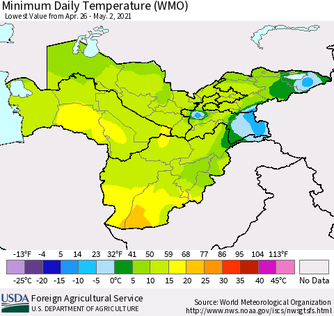 Central Asia Minimum Daily Temperature (WMO) Thematic Map For 4/26/2021 - 5/2/2021