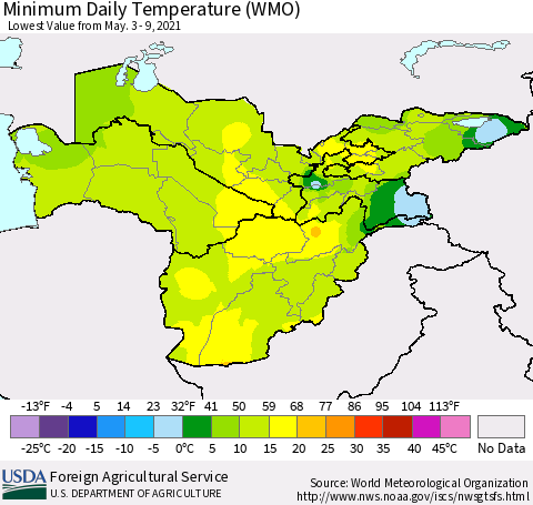 Central Asia Minimum Daily Temperature (WMO) Thematic Map For 5/3/2021 - 5/9/2021