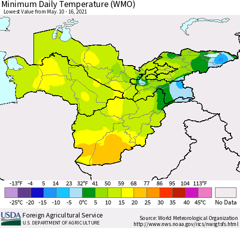 Central Asia Minimum Daily Temperature (WMO) Thematic Map For 5/10/2021 - 5/16/2021