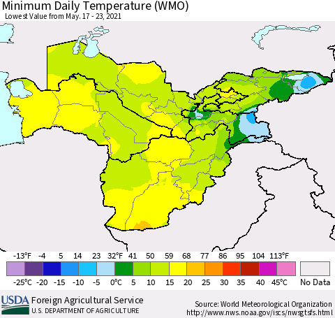 Central Asia Minimum Daily Temperature (WMO) Thematic Map For 5/17/2021 - 5/23/2021