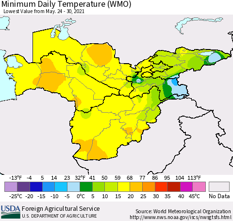 Central Asia Minimum Daily Temperature (WMO) Thematic Map For 5/24/2021 - 5/30/2021