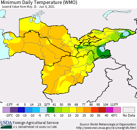 Central Asia Minimum Daily Temperature (WMO) Thematic Map For 5/31/2021 - 6/6/2021