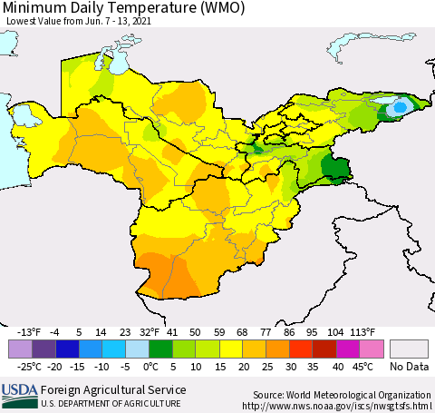 Central Asia Minimum Daily Temperature (WMO) Thematic Map For 6/7/2021 - 6/13/2021