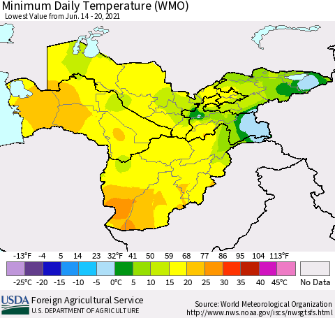 Central Asia Minimum Daily Temperature (WMO) Thematic Map For 6/14/2021 - 6/20/2021