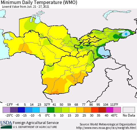 Central Asia Minimum Daily Temperature (WMO) Thematic Map For 6/21/2021 - 6/27/2021