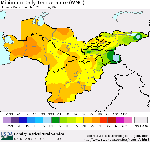 Central Asia Minimum Daily Temperature (WMO) Thematic Map For 6/28/2021 - 7/4/2021