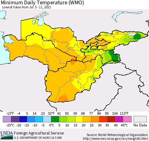Central Asia Minimum Daily Temperature (WMO) Thematic Map For 7/5/2021 - 7/11/2021