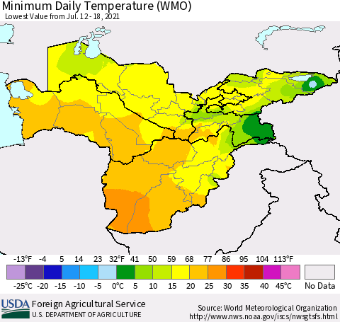 Central Asia Minimum Daily Temperature (WMO) Thematic Map For 7/12/2021 - 7/18/2021