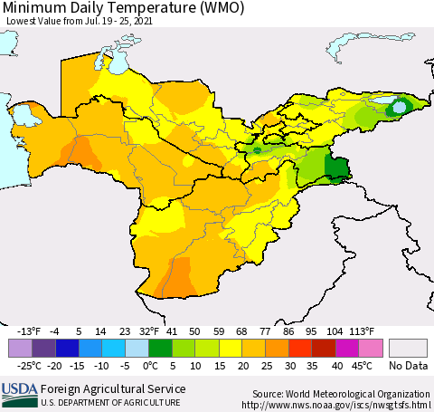Central Asia Minimum Daily Temperature (WMO) Thematic Map For 7/19/2021 - 7/25/2021