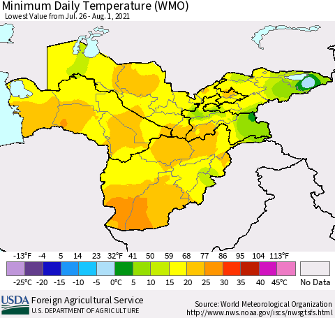 Central Asia Minimum Daily Temperature (WMO) Thematic Map For 7/26/2021 - 8/1/2021