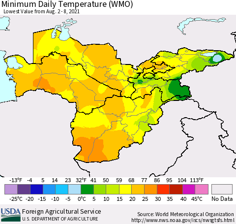Central Asia Minimum Daily Temperature (WMO) Thematic Map For 8/2/2021 - 8/8/2021