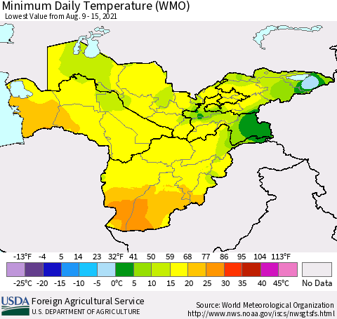 Central Asia Minimum Daily Temperature (WMO) Thematic Map For 8/9/2021 - 8/15/2021
