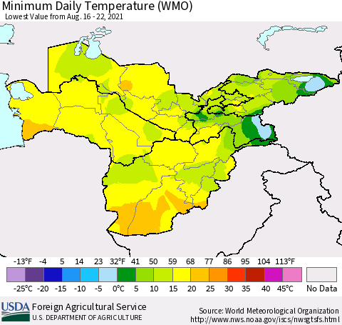 Central Asia Minimum Daily Temperature (WMO) Thematic Map For 8/16/2021 - 8/22/2021