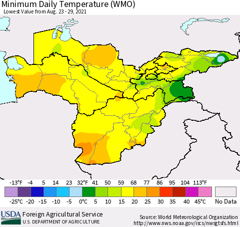 Central Asia Minimum Daily Temperature (WMO) Thematic Map For 8/23/2021 - 8/29/2021