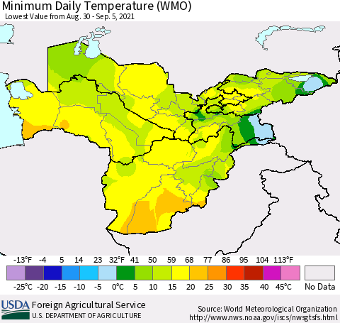Central Asia Minimum Daily Temperature (WMO) Thematic Map For 8/30/2021 - 9/5/2021